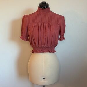 Forever 21 High Neck Puff Sleeve Pleated Crop Smocked Blouse, Rose Mauve Pink, M